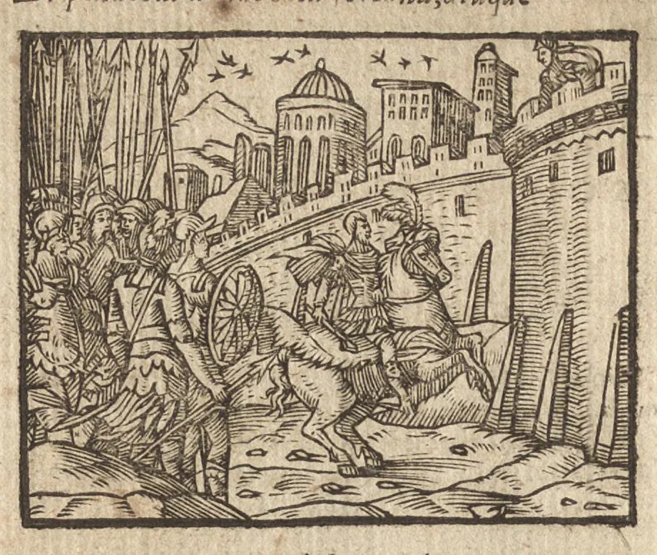 An illustration from Pvb. Ovidii Nasonis Metamorphoseon libri XV : post omnes omnium editiones emendati, & recens cum scholiis in margine, ac breuissimis in singulas quasque fabulas argumentis illustrati, tum artificiosis picturis : in gratiam studiosae iuuentutis, nunc primum editis : cum indice fabularum copiosissimo, 1583, leaf 285