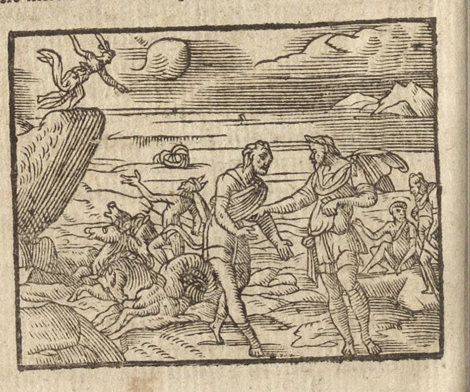 An illustration from Pvb. Ovidii Nasonis Metamorphoseon libri XV : post omnes omnium editiones emendati, & recens cum scholiis in margine, ac breuissimis in singulas quasque fabulas argumentis illustrati, tum artificiosis picturis : in gratiam studiosae iuuentutis, nunc primum editis : cum indice fabularum copiosissimo, 1583, leaf 325