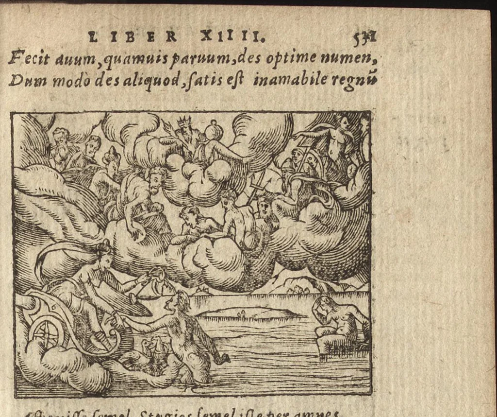 An illustration from Pvb. Ovidii Nasonis Metamorphoseon libri XV : post omnes omnium editiones emendati, & recens cum scholiis in margine, ac breuissimis in singulas quasque fabulas argumentis illustrati, tum artificiosis picturis : in gratiam studiosae iuuentutis, nunc primum editis : cum indice fabularum copiosissimo, 1583, leaf 534