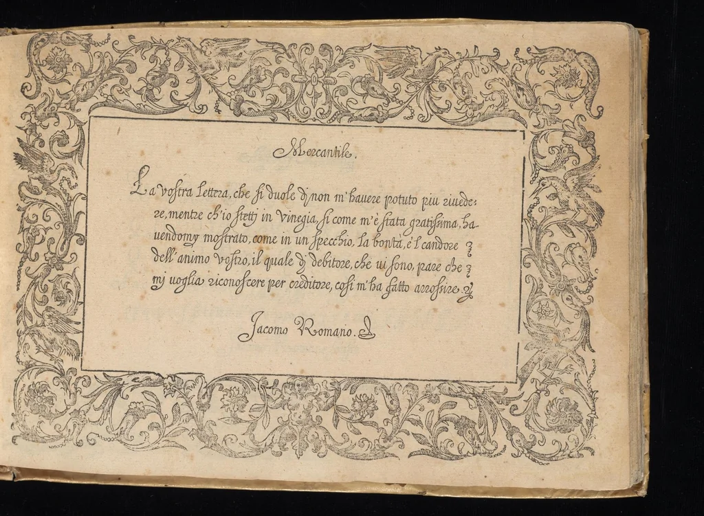 An illustration from Il primo libro di scrivere di Iacomo Romano : dove s'insegna la vera maniera delle cancellaresche corsive, e di tvtte qvelle sorti di lettere che a vn bvon scrittore si appartengono di sapere, & che al presente sono in vso : con li avertimenti et regole, sopra ciascvna sorte di lettera, con le quali ogni mediocre ingegno potrà facilmente da se stesso imparare : con il modo di temperar le penne per dette forti di lettere, & come si deuono tenere in mano, per scriuer bene, 1589, leaf 116