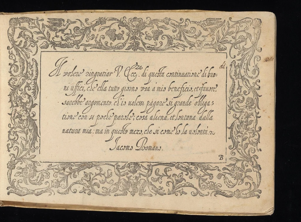 An illustration from Il primo libro di scrivere di Iacomo Romano : dove s'insegna la vera maniera delle cancellaresche corsive, e di tvtte qvelle sorti di lettere che a vn bvon scrittore si appartengono di sapere, & che al presente sono in vso : con li avertimenti et regole, sopra ciascvna sorte di lettera, con le quali ogni mediocre ingegno potrà facilmente da se stesso imparare : con il modo di temperar le penne per dette forti di lettere, & come si deuono tenere in mano, per scriuer bene, 1589, leaf 32