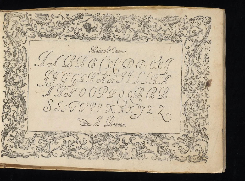 An illustration from Il primo libro di scrivere di Iacomo Romano : dove s'insegna la vera maniera delle cancellaresche corsive, e di tvtte qvelle sorti di lettere che a vn bvon scrittore si appartengono di sapere, & che al presente sono in vso : con li avertimenti et regole, sopra ciascvna sorte di lettera, con le quali ogni mediocre ingegno potrà facilmente da se stesso imparare : con il modo di temperar le penne per dette forti di lettere, & come si deuono tenere in mano, per scriuer bene, 1589, leaf 54