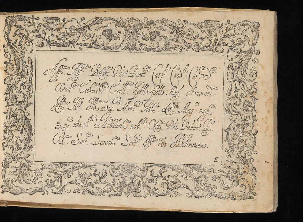 An illustration from Il primo libro di scrivere di Iacomo Romano : dove s'insegna la vera maniera delle cancellaresche corsive, e di tvtte qvelle sorti di lettere che a vn bvon scrittore si appartengono di sapere, & che al presente sono in vso : con li avertimenti et regole, sopra ciascvna sorte di lettera, con le quali ogni mediocre ingegno potrà facilmente da se stesso imparare : con il modo di temperar le penne per dette forti di lettere, & come si deuono tenere in mano, per scriuer bene, 1589, leaf 56