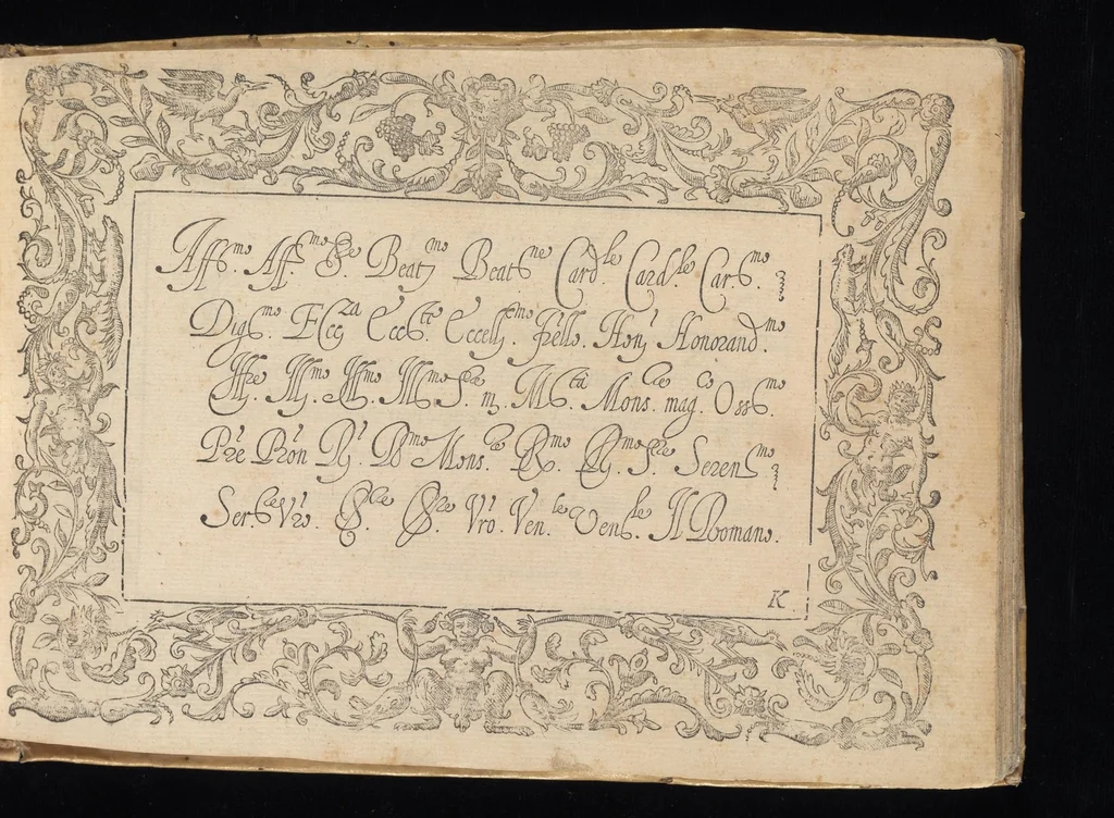 An illustration from Il primo libro di scrivere di Iacomo Romano : dove s'insegna la vera maniera delle cancellaresche corsive, e di tvtte qvelle sorti di lettere che a vn bvon scrittore si appartengono di sapere, & che al presente sono in vso : con li avertimenti et regole, sopra ciascvna sorte di lettera, con le quali ogni mediocre ingegno potrà facilmente da se stesso imparare : con il modo di temperar le penne per dette forti di lettere, & come si deuono tenere in mano, per scriuer bene, 1589, leaf 96