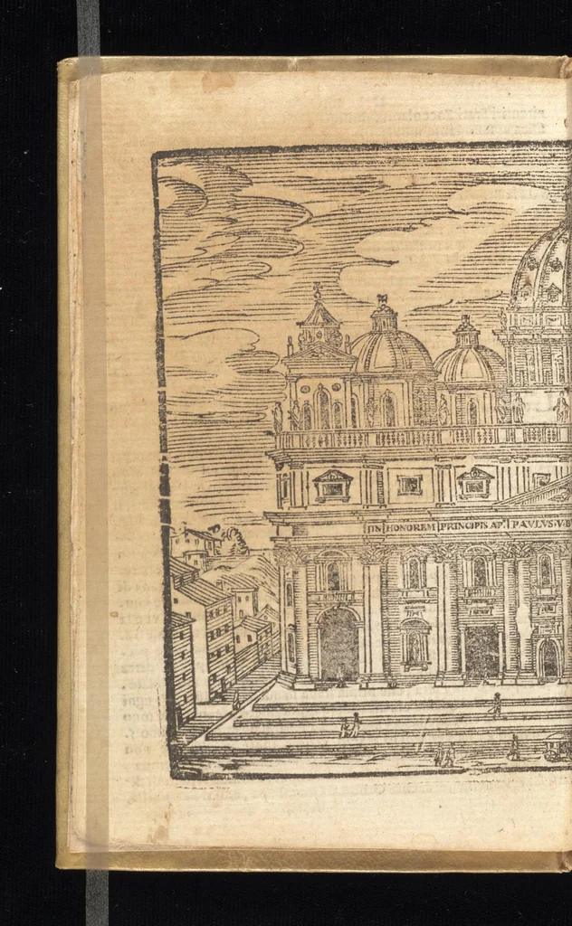An illustration from Le cose meravigliose dell'alma città di Roma : doue si tratta delle chiese, stationi, reliquie, corpi santi, che vi sono : e diuersi maritaggi di pouere zitelle, che si fanno : con la guida romana, che insegna facilmente à forastieri di ritrouare le cose più notabili di Roma : li nomi de' sommi pontefici, imperatori, & altri principi christiani : con le principali poste d'Italia : con aggiunta d'altre cose fatte da Clemente VIII. Paolo V. e di Vrb. VIII. di F.M. : con le sette merauiglie del mondo, & altre cose notabili, 1650, leaf 13
