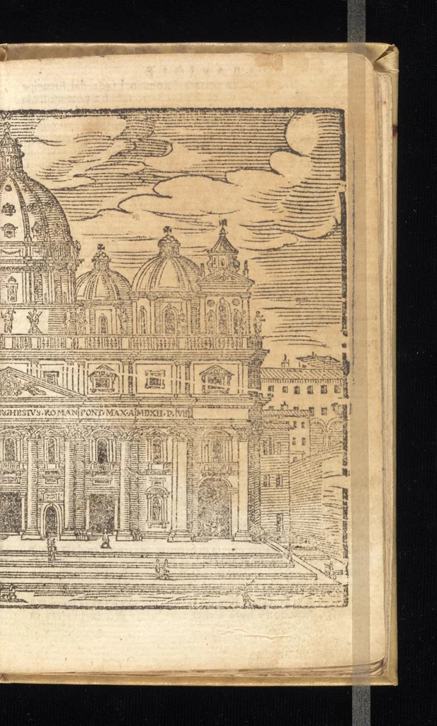 An illustration from Le cose meravigliose dell'alma città di Roma : doue si tratta delle chiese, stationi, reliquie, corpi santi, che vi sono : e diuersi maritaggi di pouere zitelle, che si fanno : con la guida romana, che insegna facilmente à forastieri di ritrouare le cose più notabili di Roma : li nomi de' sommi pontefici, imperatori, & altri principi christiani : con le principali poste d'Italia : con aggiunta d'altre cose fatte da Clemente VIII. Paolo V. e di Vrb. VIII. di F.M. : con le sette merauiglie del mondo, & altre cose notabili, 1650, leaf 14