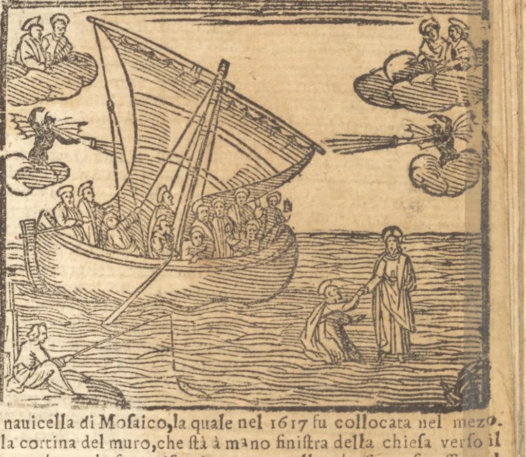 An illustration from Le cose meravigliose dell'alma città di Roma : doue si tratta delle chiese, stationi, reliquie, corpi santi, che vi sono : e diuersi maritaggi di pouere zitelle, che si fanno : con la guida romana, che insegna facilmente à forastieri di ritrouare le cose più notabili di Roma : li nomi de' sommi pontefici, imperatori, & altri principi christiani : con le principali poste d'Italia : con aggiunta d'altre cose fatte da Clemente VIII. Paolo V. e di Vrb. VIII. di F.M. : con le sette merauiglie del mondo, & altre cose notabili, 1650, leaf 18