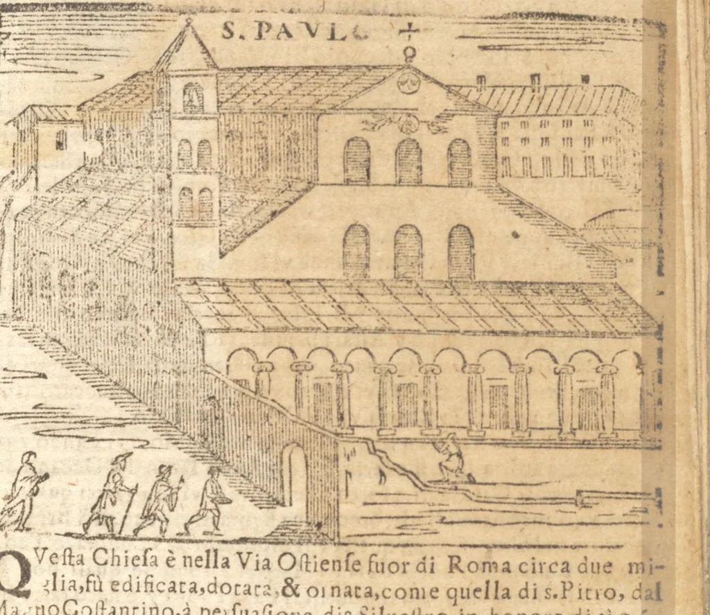 An illustration from Le cose meravigliose dell'alma città di Roma : doue si tratta delle chiese, stationi, reliquie, corpi santi, che vi sono : e diuersi maritaggi di pouere zitelle, che si fanno : con la guida romana, che insegna facilmente à forastieri di ritrouare le cose più notabili di Roma : li nomi de' sommi pontefici, imperatori, & altri principi christiani : con le principali poste d'Italia : con aggiunta d'altre cose fatte da Clemente VIII. Paolo V. e di Vrb. VIII. di F.M. : con le sette merauiglie del mondo, & altre cose notabili, 1650, leaf 20