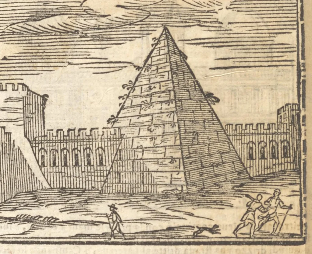 An illustration from Le cose meravigliose dell'alma città di Roma : doue si tratta delle chiese, stationi, reliquie, corpi santi, che vi sono : e diuersi maritaggi di pouere zitelle, che si fanno : con la guida romana, che insegna facilmente à forastieri di ritrouare le cose più notabili di Roma : li nomi de' sommi pontefici, imperatori, & altri principi christiani : con le principali poste d'Italia : con aggiunta d'altre cose fatte da Clemente VIII. Paolo V. e di Vrb. VIII. di F.M. : con le sette merauiglie del mondo, & altre cose notabili, 1650, leaf 22