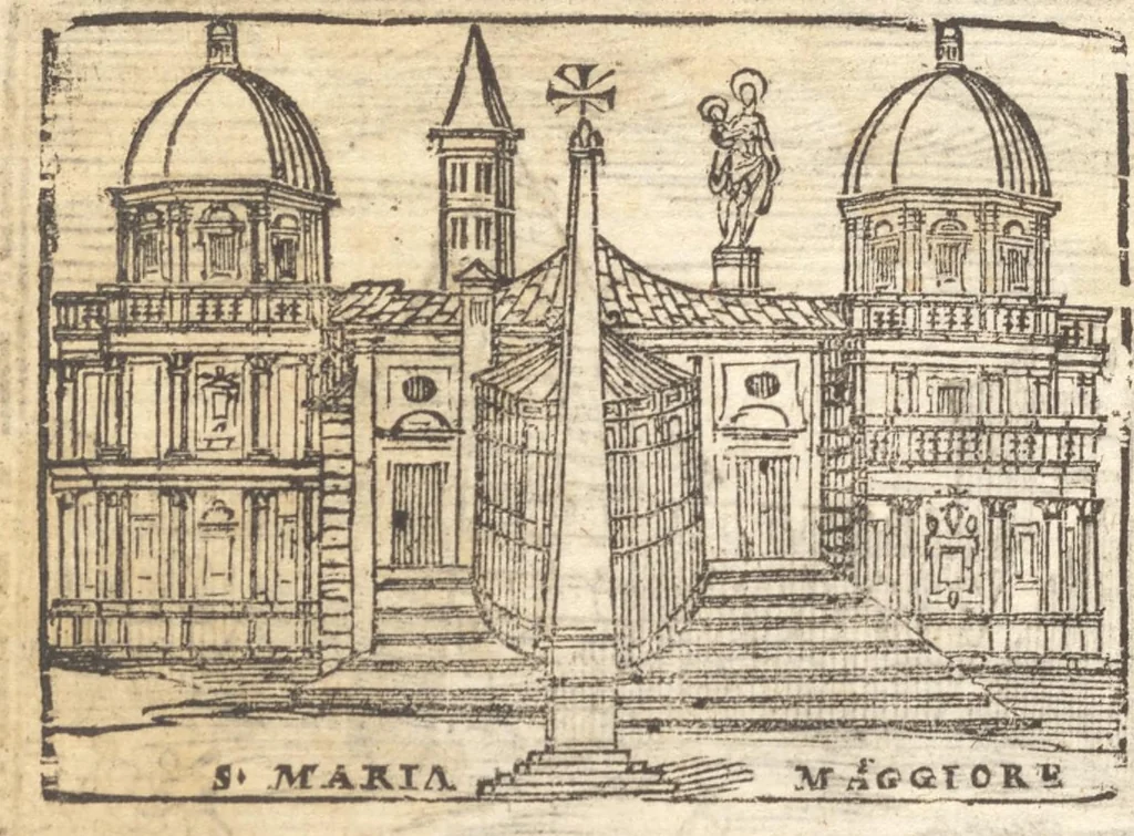 An illustration from Le cose meravigliose dell'alma città di Roma : doue si tratta delle chiese, stationi, reliquie, corpi santi, che vi sono : e diuersi maritaggi di pouere zitelle, che si fanno : con la guida romana, che insegna facilmente à forastieri di ritrouare le cose più notabili di Roma : li nomi de' sommi pontefici, imperatori, & altri principi christiani : con le principali poste d'Italia : con aggiunta d'altre cose fatte da Clemente VIII. Paolo V. e di Vrb. VIII. di F.M. : con le sette merauiglie del mondo, & altre cose notabili, 1650, leaf 23