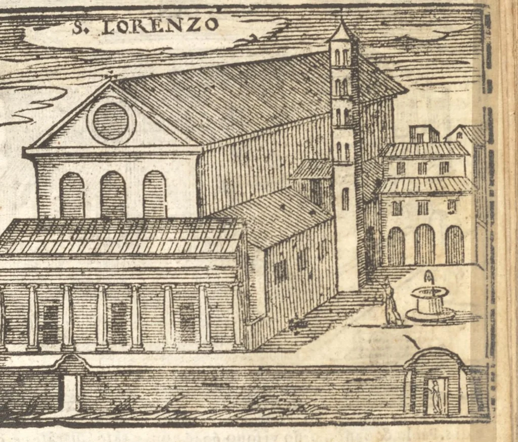 An illustration from Le cose meravigliose dell'alma città di Roma : doue si tratta delle chiese, stationi, reliquie, corpi santi, che vi sono : e diuersi maritaggi di pouere zitelle, che si fanno : con la guida romana, che insegna facilmente à forastieri di ritrouare le cose più notabili di Roma : li nomi de' sommi pontefici, imperatori, & altri principi christiani : con le principali poste d'Italia : con aggiunta d'altre cose fatte da Clemente VIII. Paolo V. e di Vrb. VIII. di F.M. : con le sette merauiglie del mondo, & altre cose notabili, 1650, leaf 26