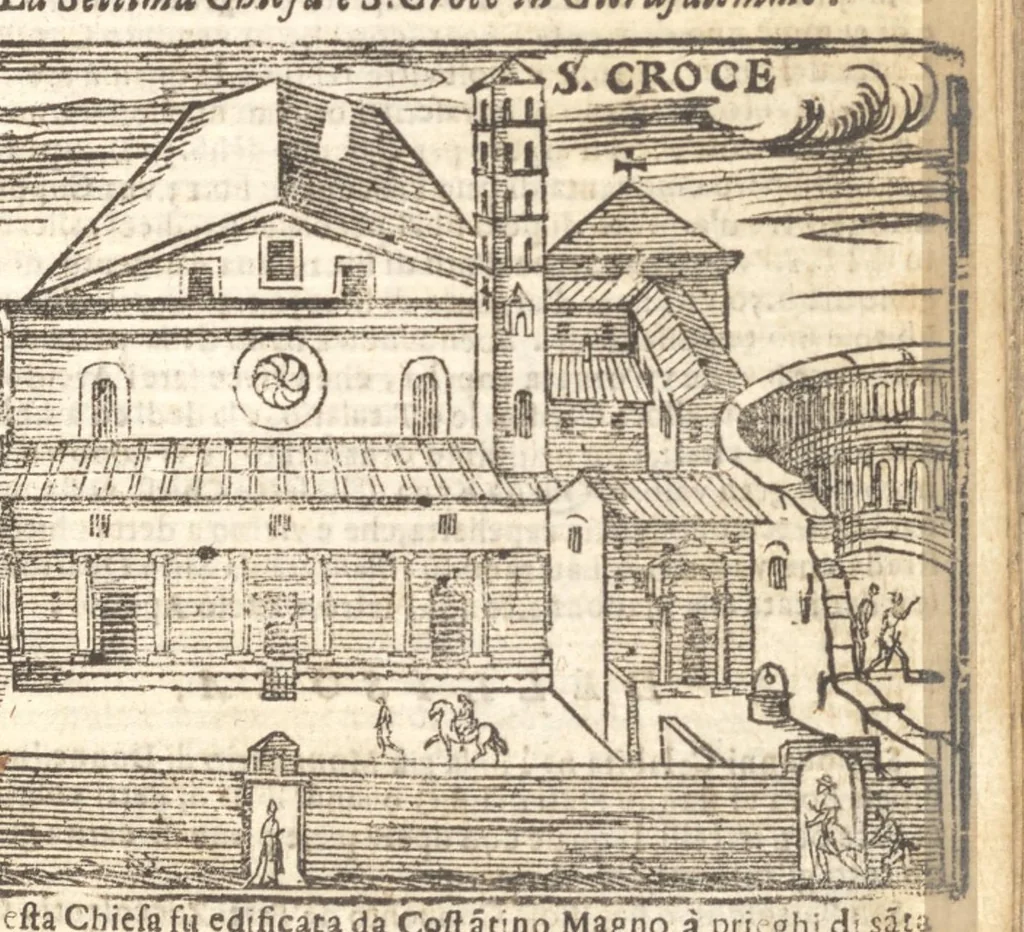 An illustration from Le cose meravigliose dell'alma città di Roma : doue si tratta delle chiese, stationi, reliquie, corpi santi, che vi sono : e diuersi maritaggi di pouere zitelle, che si fanno : con la guida romana, che insegna facilmente à forastieri di ritrouare le cose più notabili di Roma : li nomi de' sommi pontefici, imperatori, & altri principi christiani : con le principali poste d'Italia : con aggiunta d'altre cose fatte da Clemente VIII. Paolo V. e di Vrb. VIII. di F.M. : con le sette merauiglie del mondo, & altre cose notabili, 1650, leaf 28