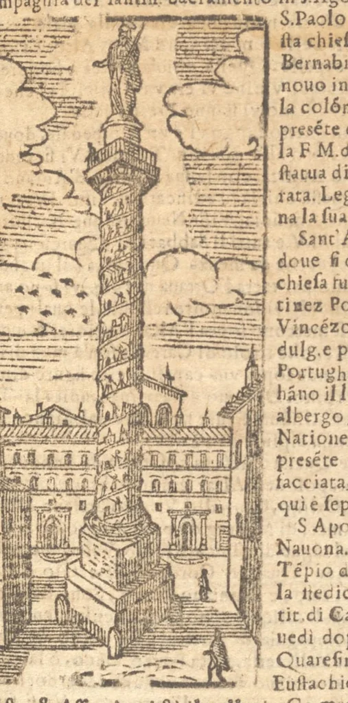 An illustration from Le cose meravigliose dell'alma città di Roma : doue si tratta delle chiese, stationi, reliquie, corpi santi, che vi sono : e diuersi maritaggi di pouere zitelle, che si fanno : con la guida romana, che insegna facilmente à forastieri di ritrouare le cose più notabili di Roma : li nomi de' sommi pontefici, imperatori, & altri principi christiani : con le principali poste d'Italia : con aggiunta d'altre cose fatte da Clemente VIII. Paolo V. e di Vrb. VIII. di F.M. : con le sette merauiglie del mondo, & altre cose notabili, 1650, leaf 42
