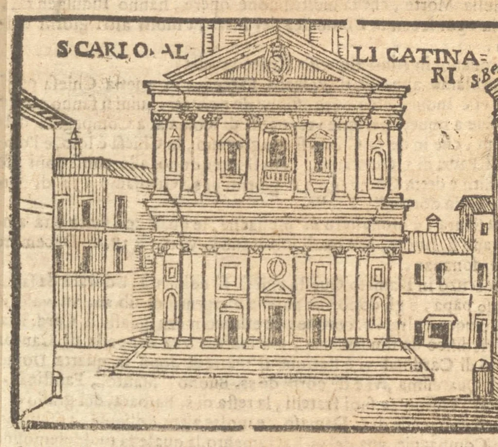 An illustration from Le cose meravigliose dell'alma città di Roma : doue si tratta delle chiese, stationi, reliquie, corpi santi, che vi sono : e diuersi maritaggi di pouere zitelle, che si fanno : con la guida romana, che insegna facilmente à forastieri di ritrouare le cose più notabili di Roma : li nomi de' sommi pontefici, imperatori, & altri principi christiani : con le principali poste d'Italia : con aggiunta d'altre cose fatte da Clemente VIII. Paolo V. e di Vrb. VIII. di F.M. : con le sette merauiglie del mondo, & altre cose notabili, 1650, leaf 45