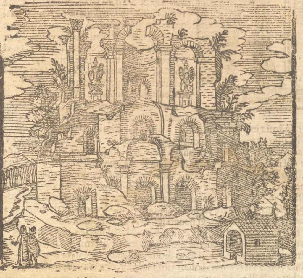 An illustration from Le cose meravigliose dell'alma città di Roma : doue si tratta delle chiese, stationi, reliquie, corpi santi, che vi sono : e diuersi maritaggi di pouere zitelle, che si fanno : con la guida romana, che insegna facilmente à forastieri di ritrouare le cose più notabili di Roma : li nomi de' sommi pontefici, imperatori, & altri principi christiani : con le principali poste d'Italia : con aggiunta d'altre cose fatte da Clemente VIII. Paolo V. e di Vrb. VIII. di F.M. : con le sette merauiglie del mondo, & altre cose notabili, 1650, leaf 50