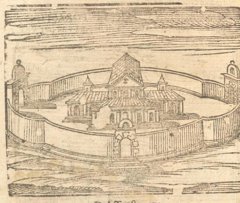 An illustration from Le cose meravigliose dell'alma città di Roma : doue si tratta delle chiese, stationi, reliquie, corpi santi, che vi sono : e diuersi maritaggi di pouere zitelle, che si fanno : con la guida romana, che insegna facilmente à forastieri di ritrouare le cose più notabili di Roma : li nomi de' sommi pontefici, imperatori, & altri principi christiani : con le principali poste d'Italia : con aggiunta d'altre cose fatte da Clemente VIII. Paolo V. e di Vrb. VIII. di F.M. : con le sette merauiglie del mondo, & altre cose notabili, 1650, leaf 65