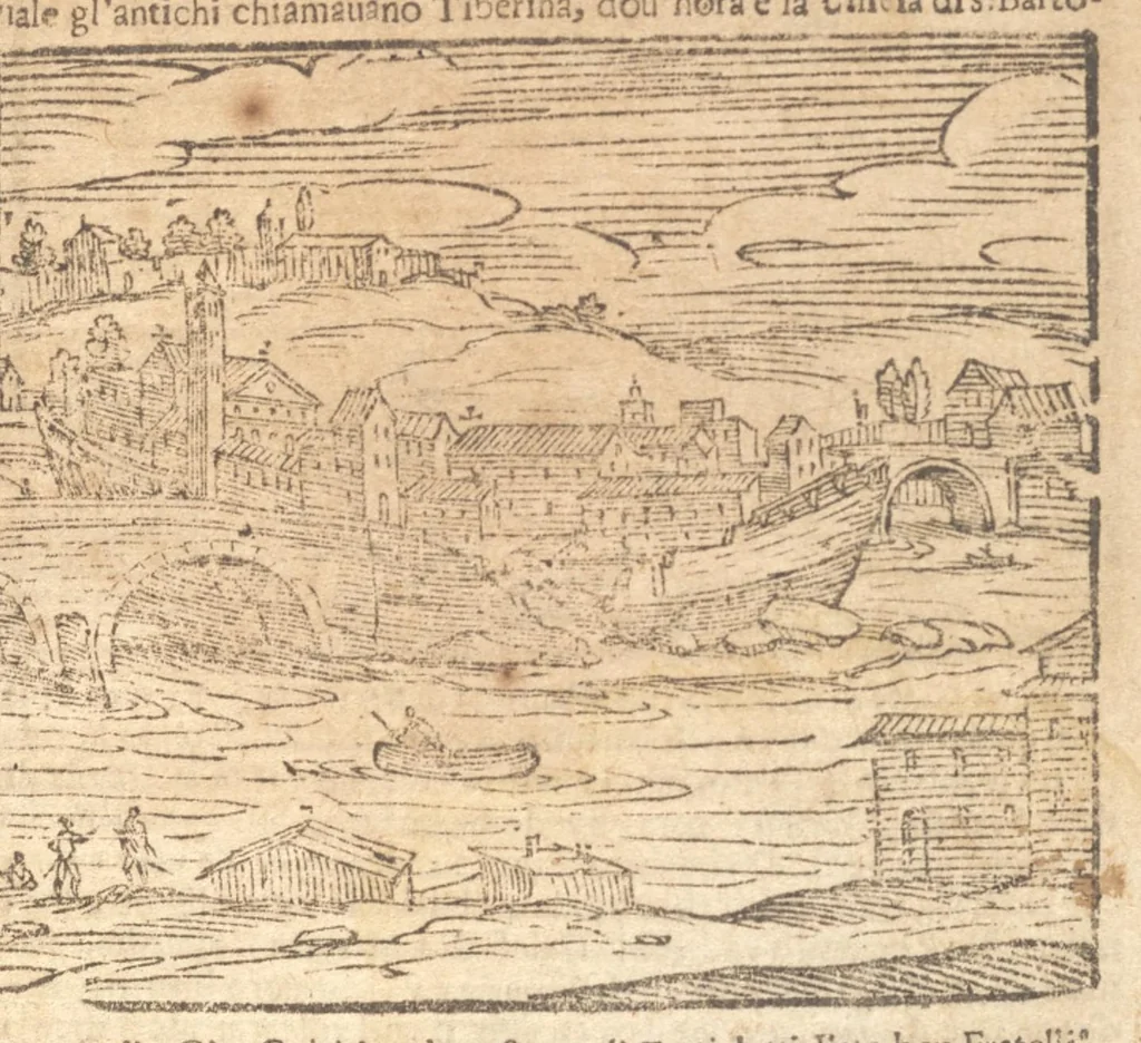 An illustration from Le cose meravigliose dell'alma città di Roma : doue si tratta delle chiese, stationi, reliquie, corpi santi, che vi sono : e diuersi maritaggi di pouere zitelle, che si fanno : con la guida romana, che insegna facilmente à forastieri di ritrouare le cose più notabili di Roma : li nomi de' sommi pontefici, imperatori, & altri principi christiani : con le principali poste d'Italia : con aggiunta d'altre cose fatte da Clemente VIII. Paolo V. e di Vrb. VIII. di F.M. : con le sette merauiglie del mondo, & altre cose notabili, 1650, leaf 66