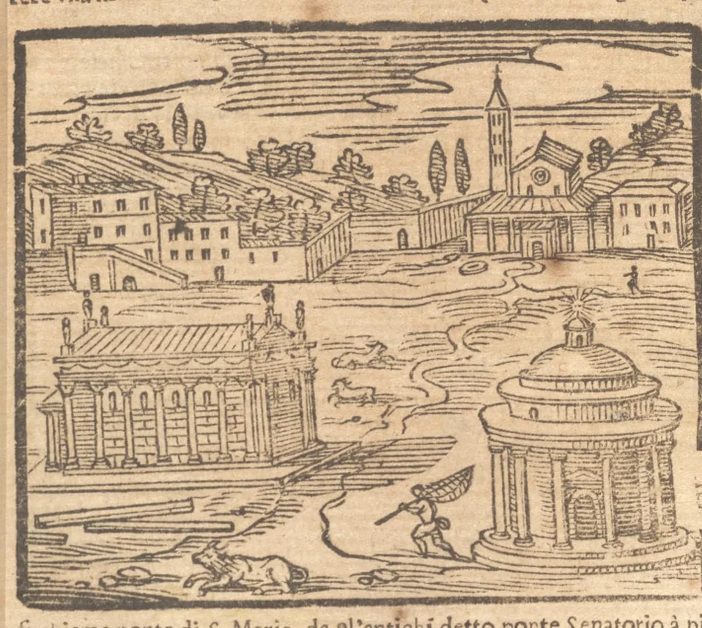 An illustration from Le cose meravigliose dell'alma città di Roma : doue si tratta delle chiese, stationi, reliquie, corpi santi, che vi sono : e diuersi maritaggi di pouere zitelle, che si fanno : con la guida romana, che insegna facilmente à forastieri di ritrouare le cose più notabili di Roma : li nomi de' sommi pontefici, imperatori, & altri principi christiani : con le principali poste d'Italia : con aggiunta d'altre cose fatte da Clemente VIII. Paolo V. e di Vrb. VIII. di F.M. : con le sette merauiglie del mondo, & altre cose notabili, 1650, leaf 67