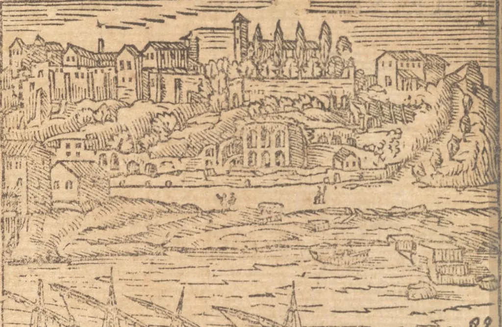 An illustration from Le cose meravigliose dell'alma città di Roma : doue si tratta delle chiese, stationi, reliquie, corpi santi, che vi sono : e diuersi maritaggi di pouere zitelle, che si fanno : con la guida romana, che insegna facilmente à forastieri di ritrouare le cose più notabili di Roma : li nomi de' sommi pontefici, imperatori, & altri principi christiani : con le principali poste d'Italia : con aggiunta d'altre cose fatte da Clemente VIII. Paolo V. e di Vrb. VIII. di F.M. : con le sette merauiglie del mondo, & altre cose notabili, 1650, leaf 68