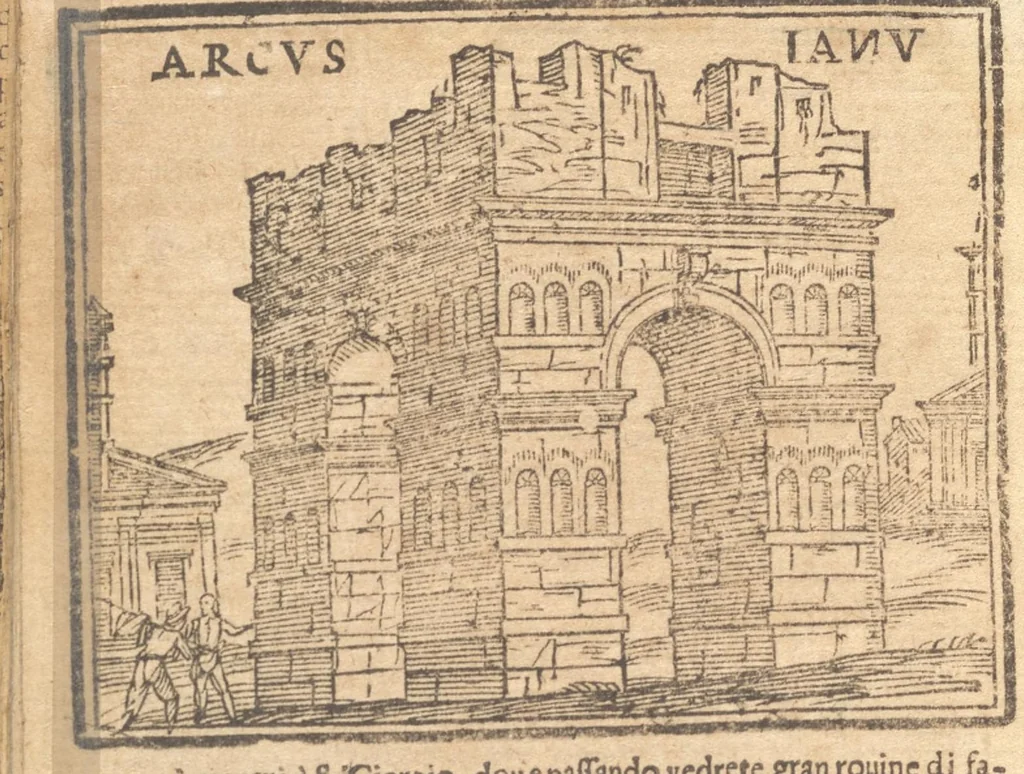 An illustration from Le cose meravigliose dell'alma città di Roma : doue si tratta delle chiese, stationi, reliquie, corpi santi, che vi sono : e diuersi maritaggi di pouere zitelle, che si fanno : con la guida romana, che insegna facilmente à forastieri di ritrouare le cose più notabili di Roma : li nomi de' sommi pontefici, imperatori, & altri principi christiani : con le principali poste d'Italia : con aggiunta d'altre cose fatte da Clemente VIII. Paolo V. e di Vrb. VIII. di F.M. : con le sette merauiglie del mondo, & altre cose notabili, 1650, leaf 69