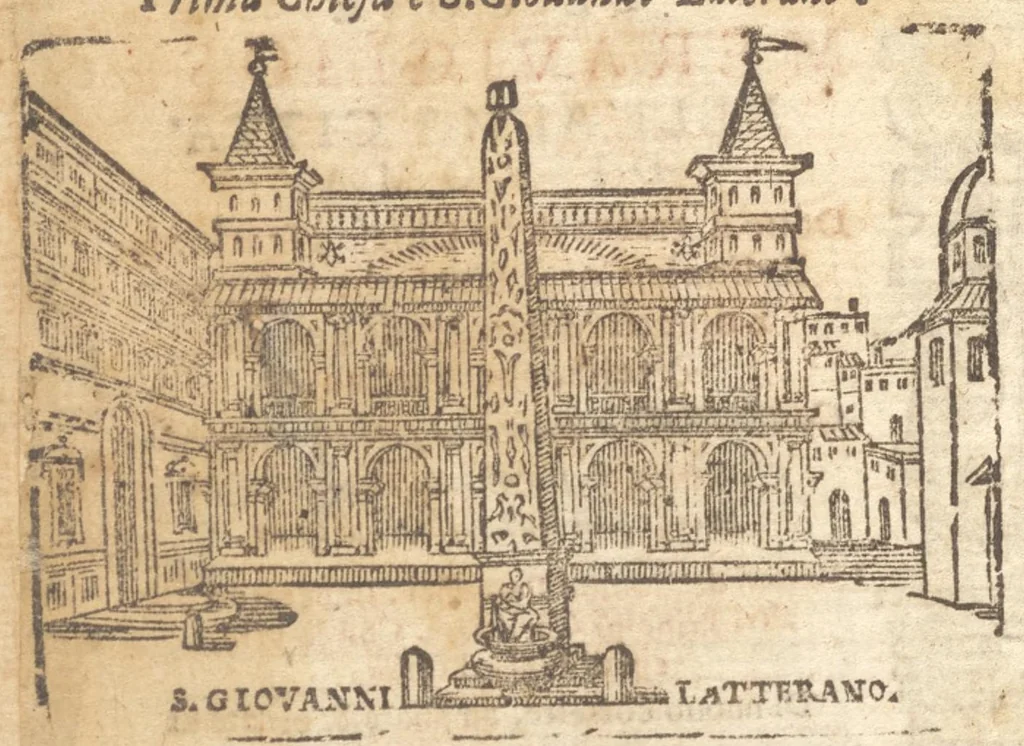 An illustration from Le cose meravigliose dell'alma città di Roma : doue si tratta delle chiese, stationi, reliquie, corpi santi, che vi sono : e diuersi maritaggi di pouere zitelle, che si fanno : con la guida romana, che insegna facilmente à forastieri di ritrouare le cose più notabili di Roma : li nomi de' sommi pontefici, imperatori, & altri principi christiani : con le principali poste d'Italia : con aggiunta d'altre cose fatte da Clemente VIII. Paolo V. e di Vrb. VIII. di F.M. : con le sette merauiglie del mondo, & altre cose notabili, 1650, leaf 7