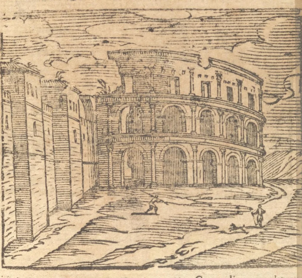 An illustration from Le cose meravigliose dell'alma città di Roma : doue si tratta delle chiese, stationi, reliquie, corpi santi, che vi sono : e diuersi maritaggi di pouere zitelle, che si fanno : con la guida romana, che insegna facilmente à forastieri di ritrouare le cose più notabili di Roma : li nomi de' sommi pontefici, imperatori, & altri principi christiani : con le principali poste d'Italia : con aggiunta d'altre cose fatte da Clemente VIII. Paolo V. e di Vrb. VIII. di F.M. : con le sette merauiglie del mondo, & altre cose notabili, 1650, leaf 70