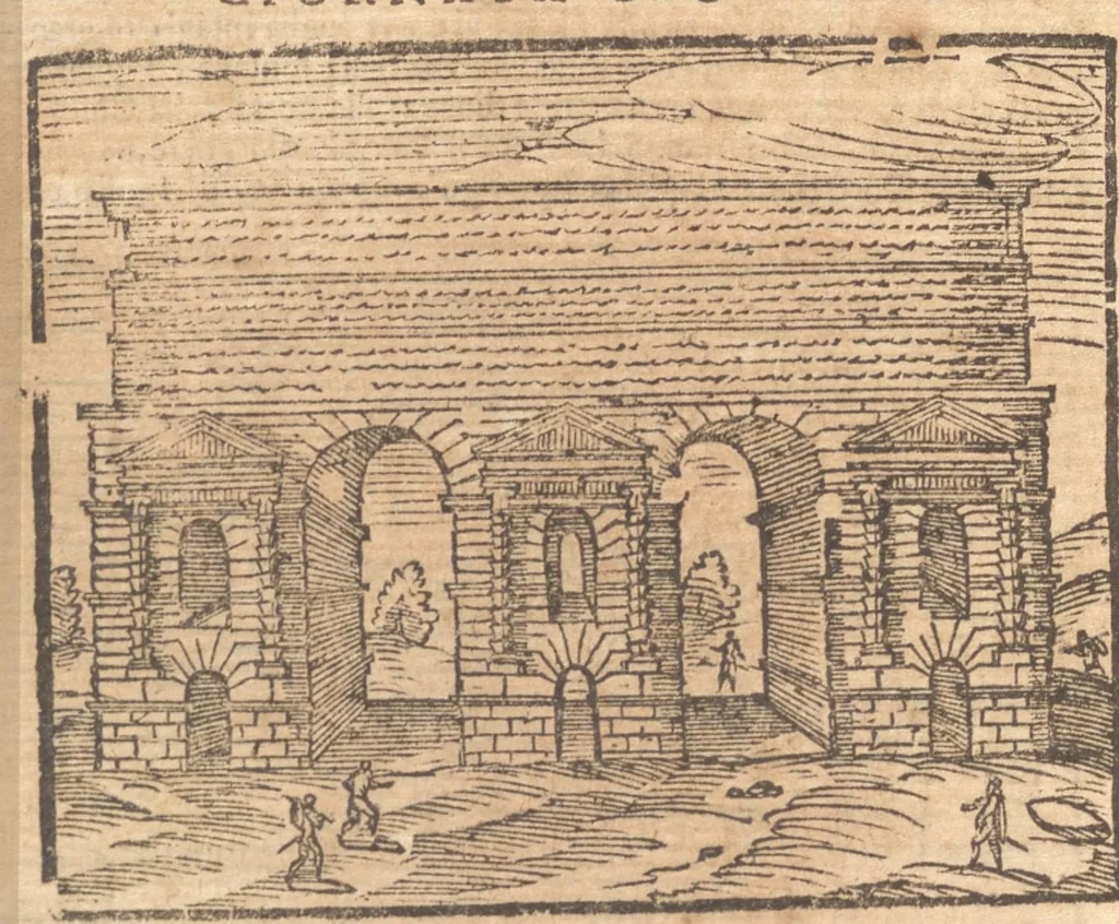 An illustration from Le cose meravigliose dell'alma città di Roma : doue si tratta delle chiese, stationi, reliquie, corpi santi, che vi sono : e diuersi maritaggi di pouere zitelle, che si fanno : con la guida romana, che insegna facilmente à forastieri di ritrouare le cose più notabili di Roma : li nomi de' sommi pontefici, imperatori, & altri principi christiani : con le principali poste d'Italia : con aggiunta d'altre cose fatte da Clemente VIII. Paolo V. e di Vrb. VIII. di F.M. : con le sette merauiglie del mondo, & altre cose notabili, 1650, leaf 71