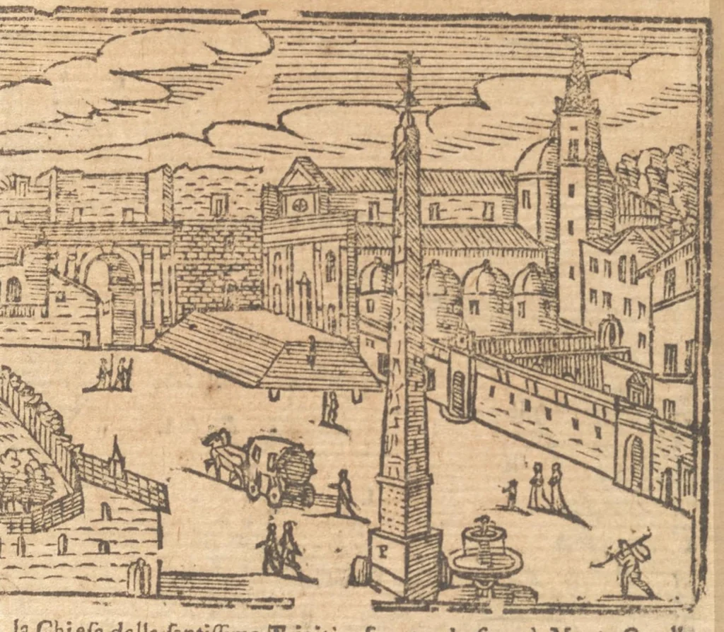 An illustration from Le cose meravigliose dell'alma città di Roma : doue si tratta delle chiese, stationi, reliquie, corpi santi, che vi sono : e diuersi maritaggi di pouere zitelle, che si fanno : con la guida romana, che insegna facilmente à forastieri di ritrouare le cose più notabili di Roma : li nomi de' sommi pontefici, imperatori, & altri principi christiani : con le principali poste d'Italia : con aggiunta d'altre cose fatte da Clemente VIII. Paolo V. e di Vrb. VIII. di F.M. : con le sette merauiglie del mondo, & altre cose notabili, 1650, leaf 72