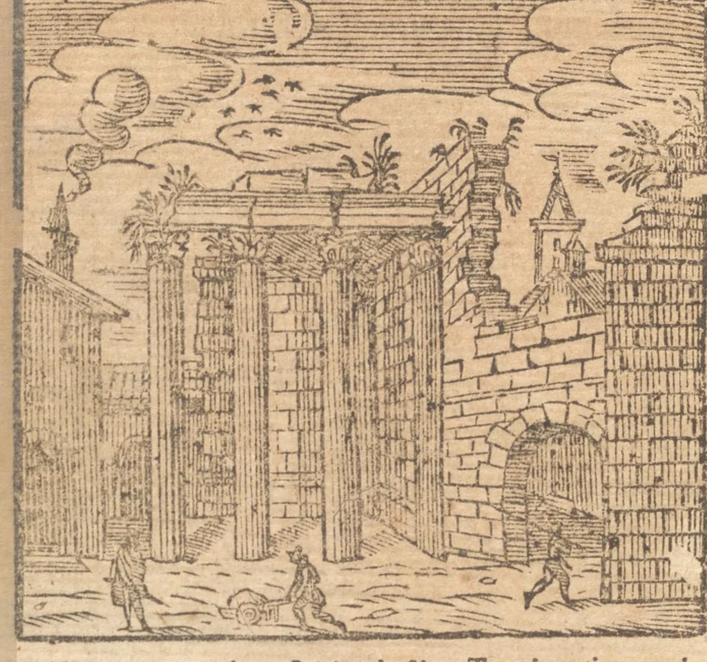 An illustration from Le cose meravigliose dell'alma città di Roma : doue si tratta delle chiese, stationi, reliquie, corpi santi, che vi sono : e diuersi maritaggi di pouere zitelle, che si fanno : con la guida romana, che insegna facilmente à forastieri di ritrouare le cose più notabili di Roma : li nomi de' sommi pontefici, imperatori, & altri principi christiani : con le principali poste d'Italia : con aggiunta d'altre cose fatte da Clemente VIII. Paolo V. e di Vrb. VIII. di F.M. : con le sette merauiglie del mondo, & altre cose notabili, 1650, leaf 75