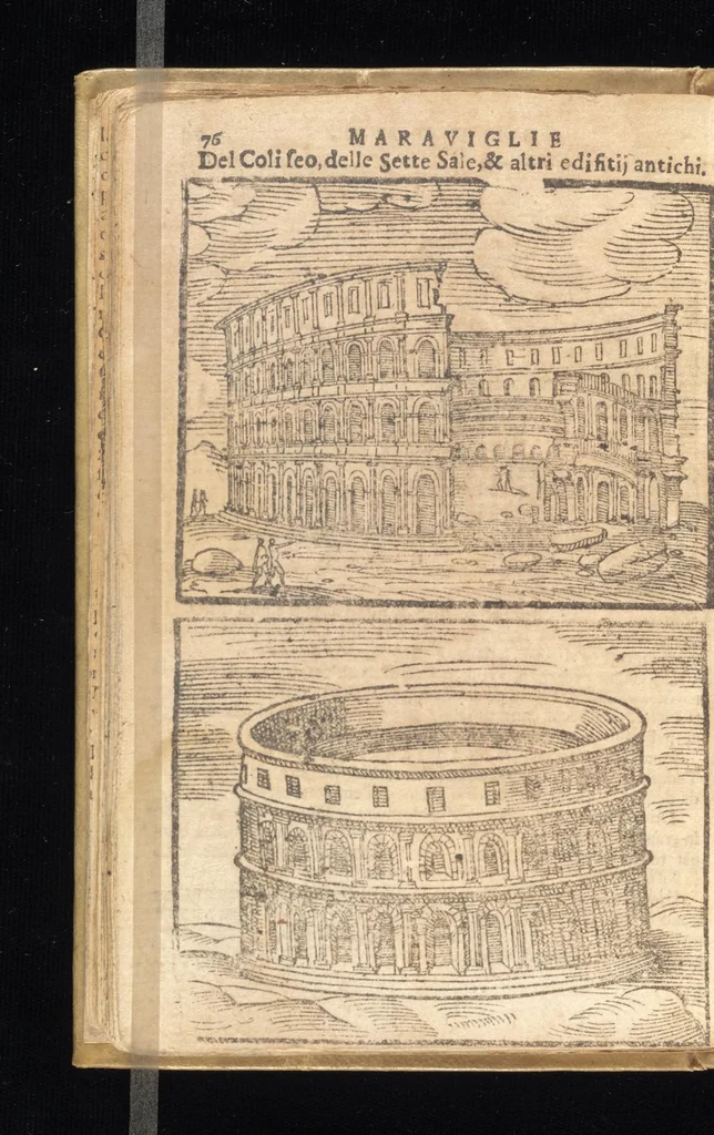An illustration from Le cose meravigliose dell'alma città di Roma : doue si tratta delle chiese, stationi, reliquie, corpi santi, che vi sono : e diuersi maritaggi di pouere zitelle, che si fanno : con la guida romana, che insegna facilmente à forastieri di ritrouare le cose più notabili di Roma : li nomi de' sommi pontefici, imperatori, & altri principi christiani : con le principali poste d'Italia : con aggiunta d'altre cose fatte da Clemente VIII. Paolo V. e di Vrb. VIII. di F.M. : con le sette merauiglie del mondo, & altre cose notabili, 1650, leaf 77