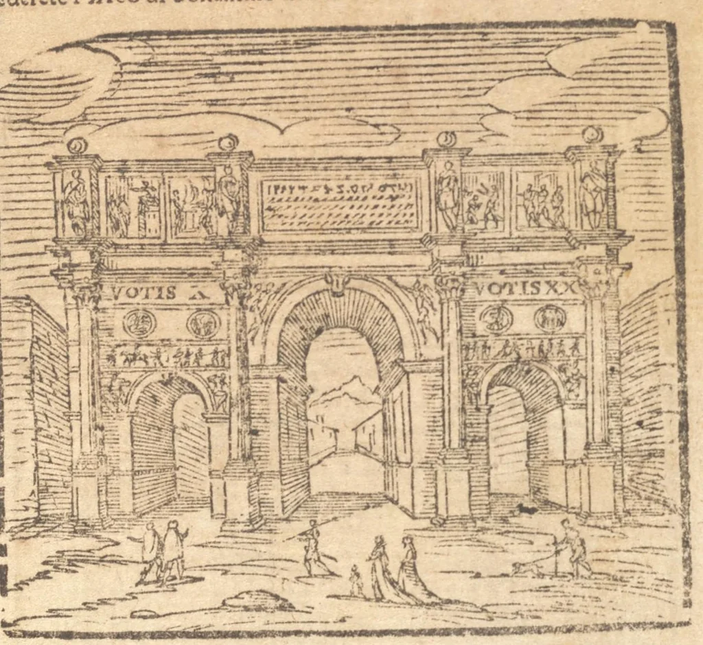 An illustration from Le cose meravigliose dell'alma città di Roma : doue si tratta delle chiese, stationi, reliquie, corpi santi, che vi sono : e diuersi maritaggi di pouere zitelle, che si fanno : con la guida romana, che insegna facilmente à forastieri di ritrouare le cose più notabili di Roma : li nomi de' sommi pontefici, imperatori, & altri principi christiani : con le principali poste d'Italia : con aggiunta d'altre cose fatte da Clemente VIII. Paolo V. e di Vrb. VIII. di F.M. : con le sette merauiglie del mondo, & altre cose notabili, 1650, leaf 78