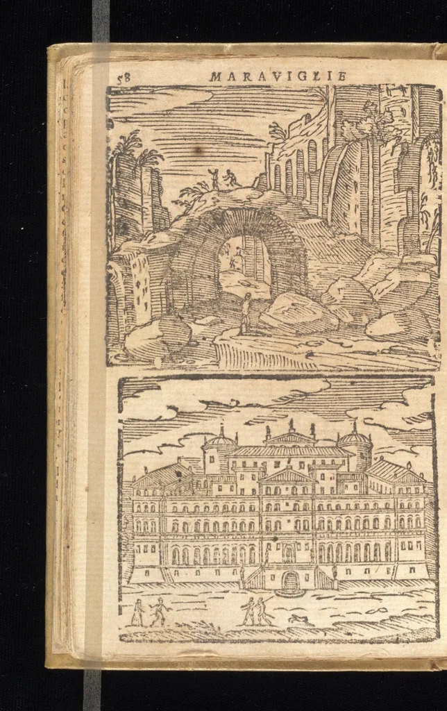 An illustration from Le cose meravigliose dell'alma città di Roma : doue si tratta delle chiese, stationi, reliquie, corpi santi, che vi sono : e diuersi maritaggi di pouere zitelle, che si fanno : con la guida romana, che insegna facilmente à forastieri di ritrouare le cose più notabili di Roma : li nomi de' sommi pontefici, imperatori, & altri principi christiani : con le principali poste d'Italia : con aggiunta d'altre cose fatte da Clemente VIII. Paolo V. e di Vrb. VIII. di F.M. : con le sette merauiglie del mondo, & altre cose notabili, 1650, leaf 79