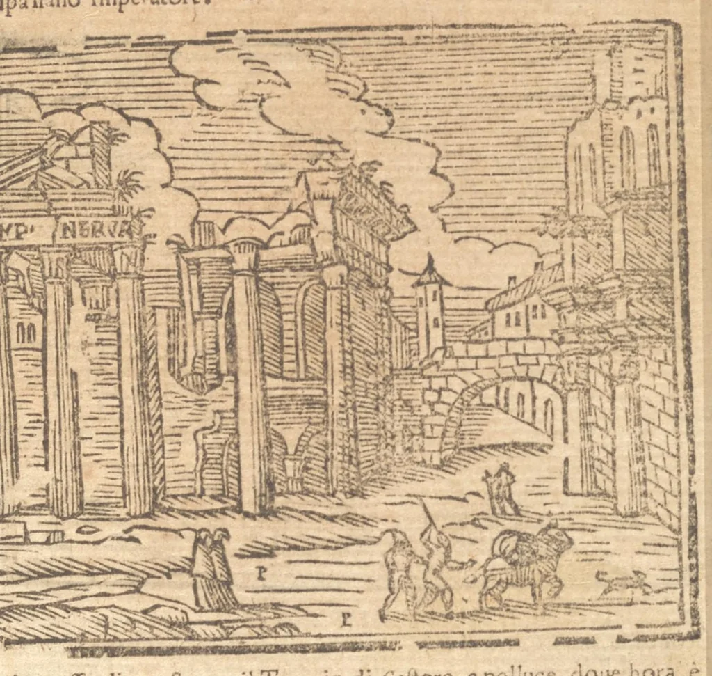 An illustration from Le cose meravigliose dell'alma città di Roma : doue si tratta delle chiese, stationi, reliquie, corpi santi, che vi sono : e diuersi maritaggi di pouere zitelle, che si fanno : con la guida romana, che insegna facilmente à forastieri di ritrouare le cose più notabili di Roma : li nomi de' sommi pontefici, imperatori, & altri principi christiani : con le principali poste d'Italia : con aggiunta d'altre cose fatte da Clemente VIII. Paolo V. e di Vrb. VIII. di F.M. : con le sette merauiglie del mondo, & altre cose notabili, 1650, leaf 80