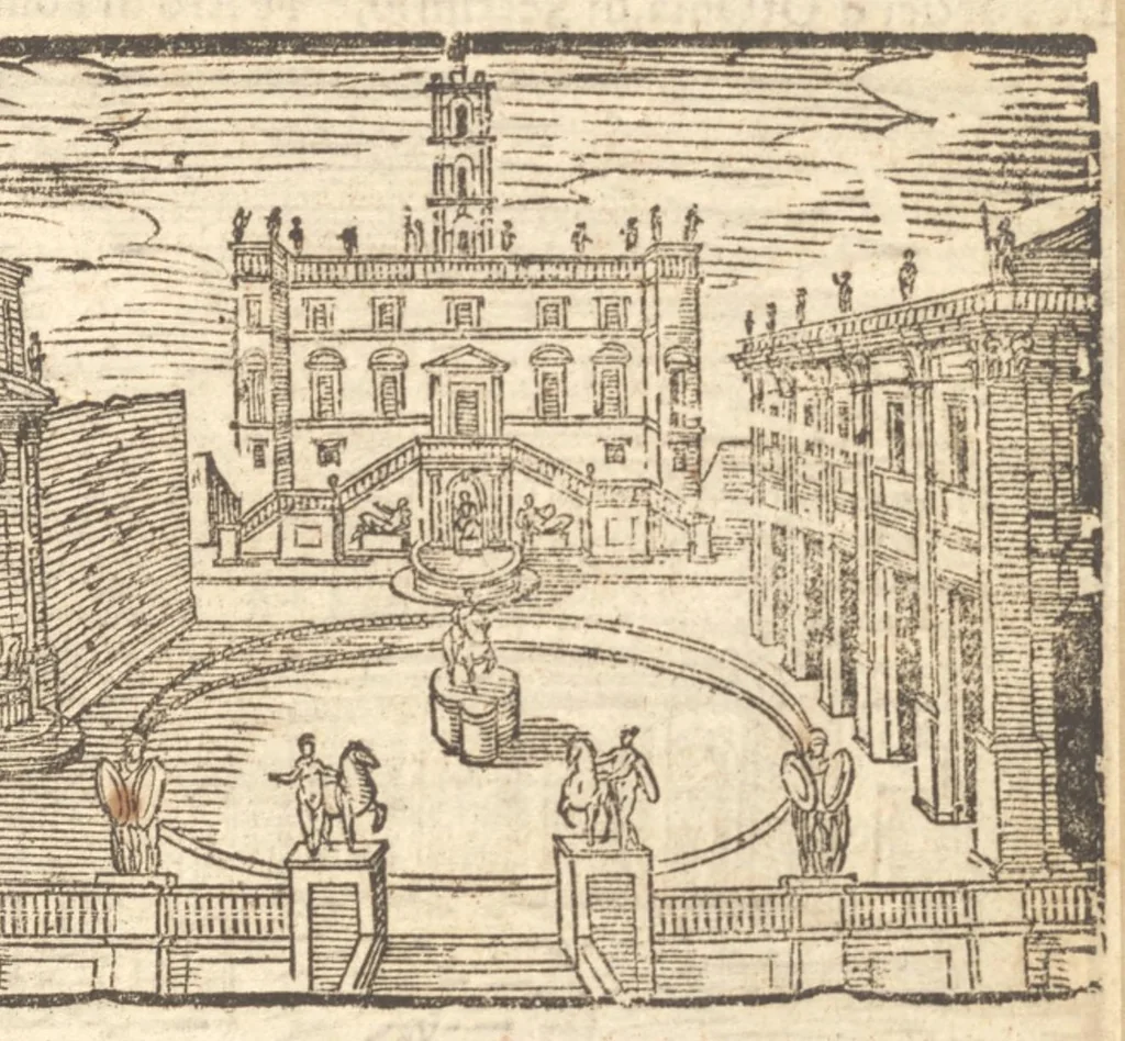 An illustration from Le cose meravigliose dell'alma città di Roma : doue si tratta delle chiese, stationi, reliquie, corpi santi, che vi sono : e diuersi maritaggi di pouere zitelle, che si fanno : con la guida romana, che insegna facilmente à forastieri di ritrouare le cose più notabili di Roma : li nomi de' sommi pontefici, imperatori, & altri principi christiani : con le principali poste d'Italia : con aggiunta d'altre cose fatte da Clemente VIII. Paolo V. e di Vrb. VIII. di F.M. : con le sette merauiglie del mondo, & altre cose notabili, 1650, leaf 82