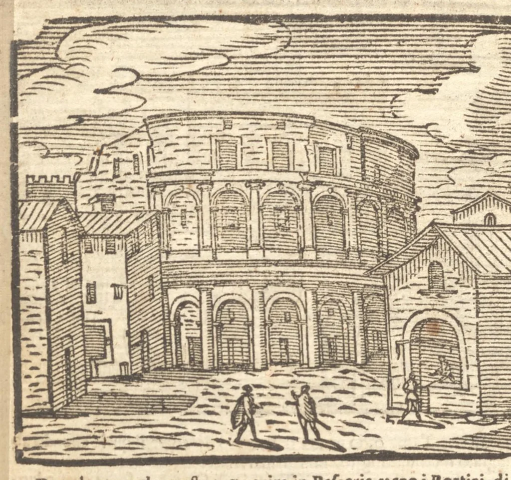 An illustration from Le cose meravigliose dell'alma città di Roma : doue si tratta delle chiese, stationi, reliquie, corpi santi, che vi sono : e diuersi maritaggi di pouere zitelle, che si fanno : con la guida romana, che insegna facilmente à forastieri di ritrouare le cose più notabili di Roma : li nomi de' sommi pontefici, imperatori, & altri principi christiani : con le principali poste d'Italia : con aggiunta d'altre cose fatte da Clemente VIII. Paolo V. e di Vrb. VIII. di F.M. : con le sette merauiglie del mondo, & altre cose notabili, 1650, leaf 83