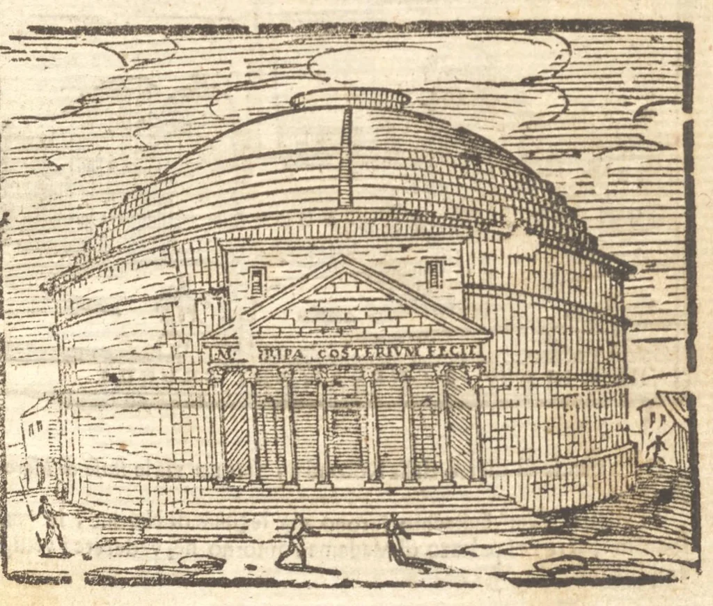 An illustration from Le cose meravigliose dell'alma città di Roma : doue si tratta delle chiese, stationi, reliquie, corpi santi, che vi sono : e diuersi maritaggi di pouere zitelle, che si fanno : con la guida romana, che insegna facilmente à forastieri di ritrouare le cose più notabili di Roma : li nomi de' sommi pontefici, imperatori, & altri principi christiani : con le principali poste d'Italia : con aggiunta d'altre cose fatte da Clemente VIII. Paolo V. e di Vrb. VIII. di F.M. : con le sette merauiglie del mondo, & altre cose notabili, 1650, leaf 84