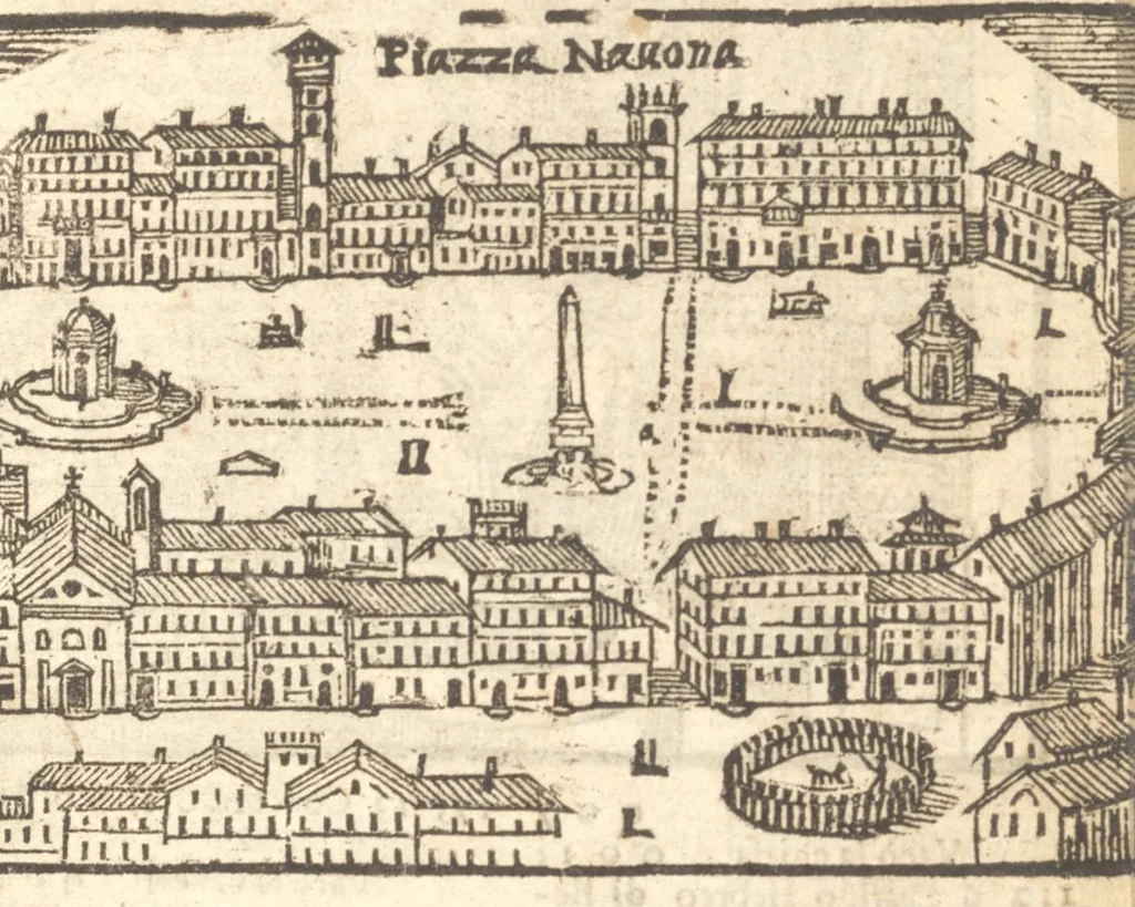 An illustration from Le cose meravigliose dell'alma città di Roma : doue si tratta delle chiese, stationi, reliquie, corpi santi, che vi sono : e diuersi maritaggi di pouere zitelle, che si fanno : con la guida romana, che insegna facilmente à forastieri di ritrouare le cose più notabili di Roma : li nomi de' sommi pontefici, imperatori, & altri principi christiani : con le principali poste d'Italia : con aggiunta d'altre cose fatte da Clemente VIII. Paolo V. e di Vrb. VIII. di F.M. : con le sette merauiglie del mondo, & altre cose notabili, 1650, leaf 86