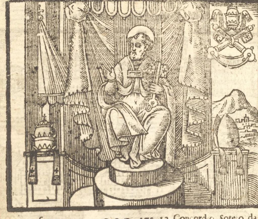 An illustration from Le cose meravigliose dell'alma città di Roma : doue si tratta delle chiese, stationi, reliquie, corpi santi, che vi sono : e diuersi maritaggi di pouere zitelle, che si fanno : con la guida romana, che insegna facilmente à forastieri di ritrouare le cose più notabili di Roma : li nomi de' sommi pontefici, imperatori, & altri principi christiani : con le principali poste d'Italia : con aggiunta d'altre cose fatte da Clemente VIII. Paolo V. e di Vrb. VIII. di F.M. : con le sette merauiglie del mondo, & altre cose notabili, 1650, leaf 87