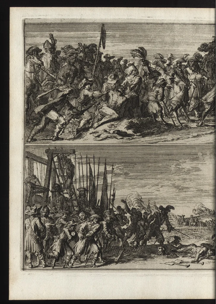 An illustration from Advis fidelle aux veritables Hollandois. Touchant ce qui s'est passé dans les villages de Bodegrave & Swammerdam, & les cruautés inoüies, que les François y ont exercées. Avec un memoire de la derniere marche de l'armée du roy de France en Brabant & en Flandre, 1673, leaf 227