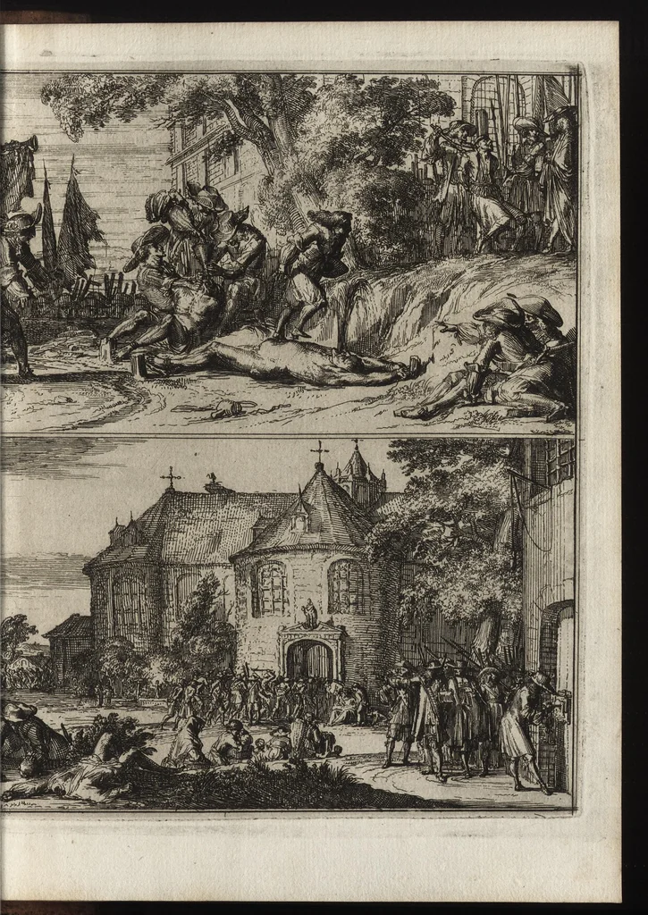 An illustration from Advis fidelle aux veritables Hollandois. Touchant ce qui s'est passé dans les villages de Bodegrave & Swammerdam, & les cruautés inoüies, que les François y ont exercées. Avec un memoire de la derniere marche de l'armée du roy de France en Brabant & en Flandre, 1673, leaf 228
