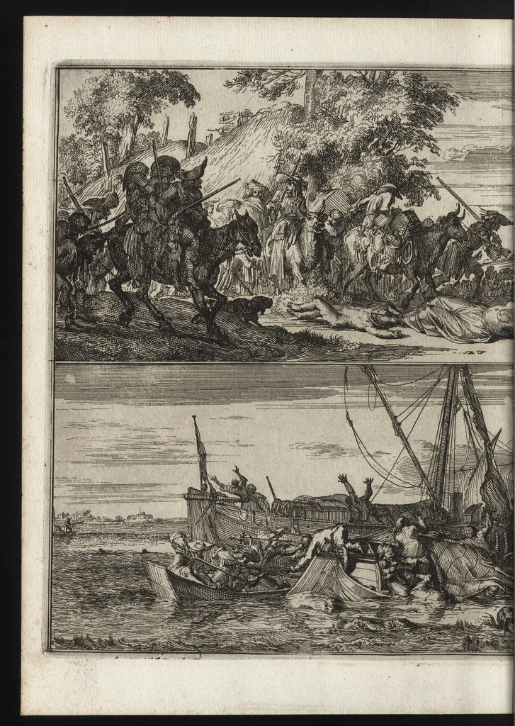 An illustration from Advis fidelle aux veritables Hollandois. Touchant ce qui s'est passé dans les villages de Bodegrave & Swammerdam, & les cruautés inoüies, que les François y ont exercées. Avec un memoire de la derniere marche de l'armée du roy de France en Brabant & en Flandre, 1673, leaf 235