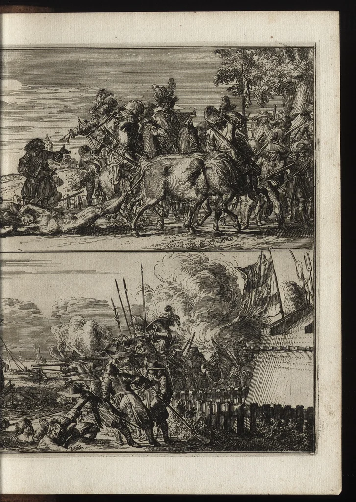 An illustration from Advis fidelle aux veritables Hollandois. Touchant ce qui s'est passé dans les villages de Bodegrave & Swammerdam, & les cruautés inoüies, que les François y ont exercées. Avec un memoire de la derniere marche de l'armée du roy de France en Brabant & en Flandre, 1673, leaf 236