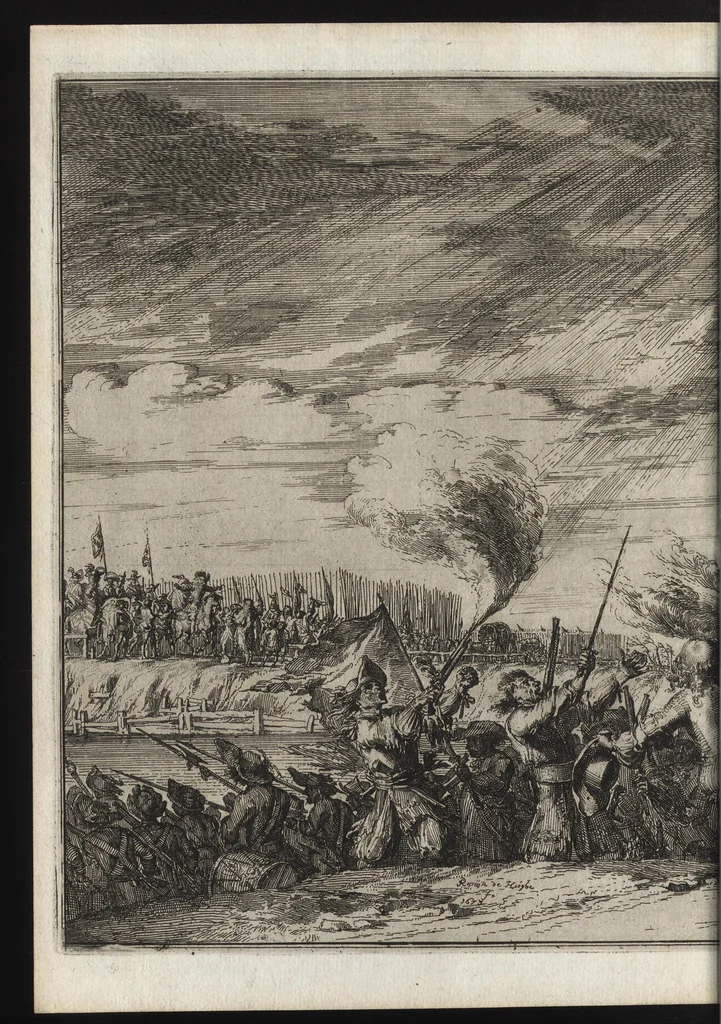 An illustration from Advis fidelle aux veritables Hollandois. Touchant ce qui s'est passé dans les villages de Bodegrave & Swammerdam, & les cruautés inoüies, que les François y ont exercées. Avec un memoire de la derniere marche de l'armée du roy de France en Brabant & en Flandre, 1673, leaf 53