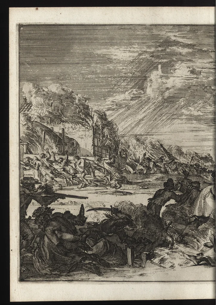 An illustration from Advis fidelle aux veritables Hollandois. Touchant ce qui s'est passé dans les villages de Bodegrave & Swammerdam, & les cruautés inoüies, que les François y ont exercées. Avec un memoire de la derniere marche de l'armée du roy de France en Brabant & en Flandre, 1673, leaf 59