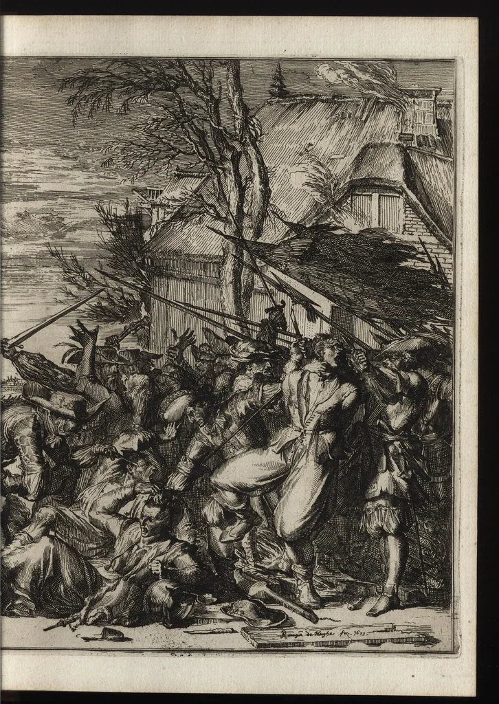An illustration from Advis fidelle aux veritables Hollandois. Touchant ce qui s'est passé dans les villages de Bodegrave & Swammerdam, & les cruautés inoüies, que les François y ont exercées. Avec un memoire de la derniere marche de l'armée du roy de France en Brabant & en Flandre, 1673, leaf 60
