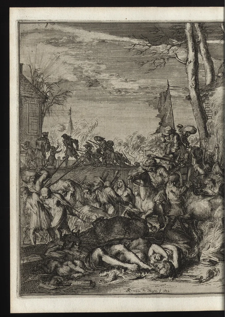An illustration from Advis fidelle aux veritables Hollandois. Touchant ce qui s'est passé dans les villages de Bodegrave & Swammerdam, & les cruautés inoüies, que les François y ont exercées. Avec un memoire de la derniere marche de l'armée du roy de France en Brabant & en Flandre, 1673, leaf 65