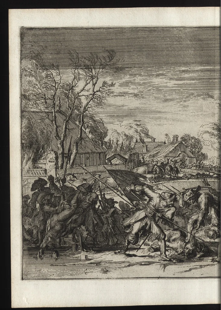 An illustration from Advis fidelle aux veritables Hollandois. Touchant ce qui s'est passé dans les villages de Bodegrave & Swammerdam, & les cruautés inoüies, que les François y ont exercées. Avec un memoire de la derniere marche de l'armée du roy de France en Brabant & en Flandre, 1673, leaf 71