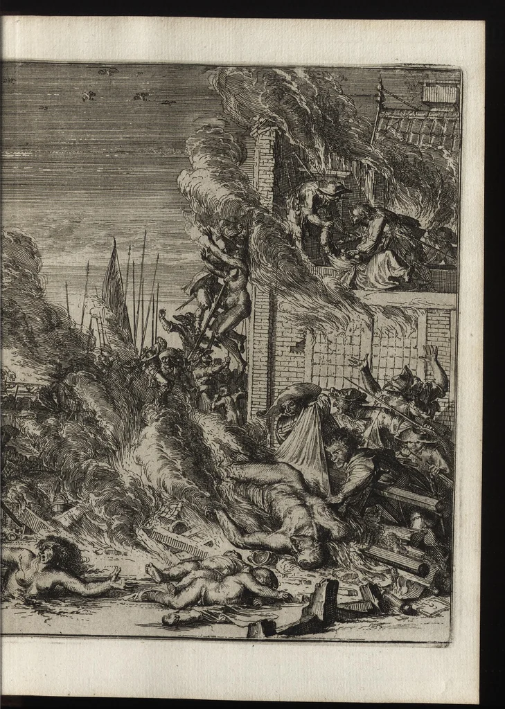 An illustration from Advis fidelle aux veritables Hollandois. Touchant ce qui s'est passé dans les villages de Bodegrave & Swammerdam, & les cruautés inoüies, que les François y ont exercées. Avec un memoire de la derniere marche de l'armée du roy de France en Brabant & en Flandre, 1673, leaf 72