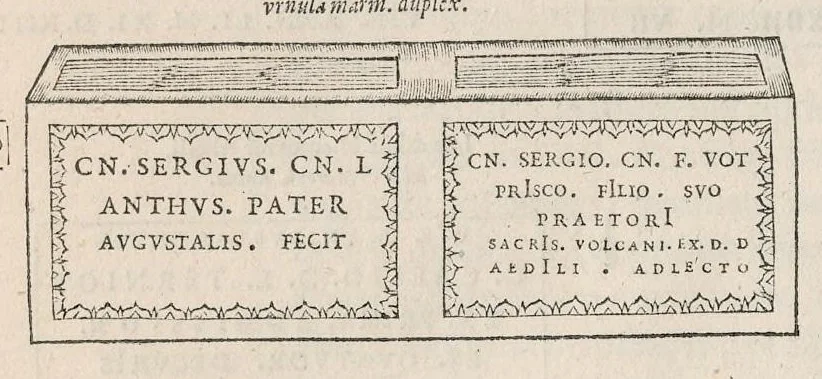 An illustration from Inscriptionvm antiqvarvm quae passim per Europam liber : accessit avctarivm a Ivsto Lipsio, 1588, leaf 103
