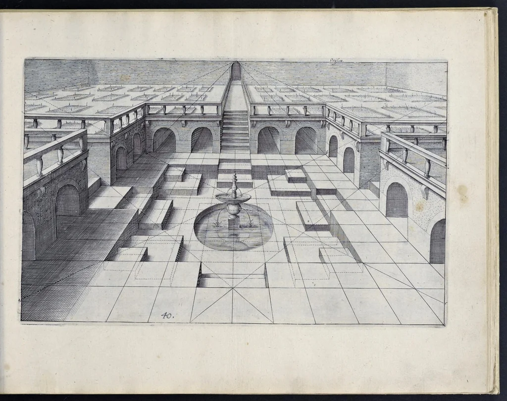 An illustration from Perspective, id est, Celeberrima ars inspicientis aut transpicientis oculorum aciei : in pariete, tabula aut tela depicta, in qua demonstrantur quaedam tam antiqua, quam nova aedificia, templorum, sive aedium, aularum, cubicularum, ambulaciorum, platearum, xystorum, hortorum, fororum, viarum et hujusmodi alia, quae nituntur suis fondamentalibus lineis, quorum fondamentum descriptionibus clare exsplicatur, perutilis ac necessaria, omnibus pictoribus, sculptoribus, statuariis, fabriferrariis, architectis, inventoribus, cæmentariis, scrinariis, fabrilignariis, & omnibus artium amatoribus, qui huic arti operam dare volent, majori cum voluptate, & minori cum labore, 1604, leaf 102